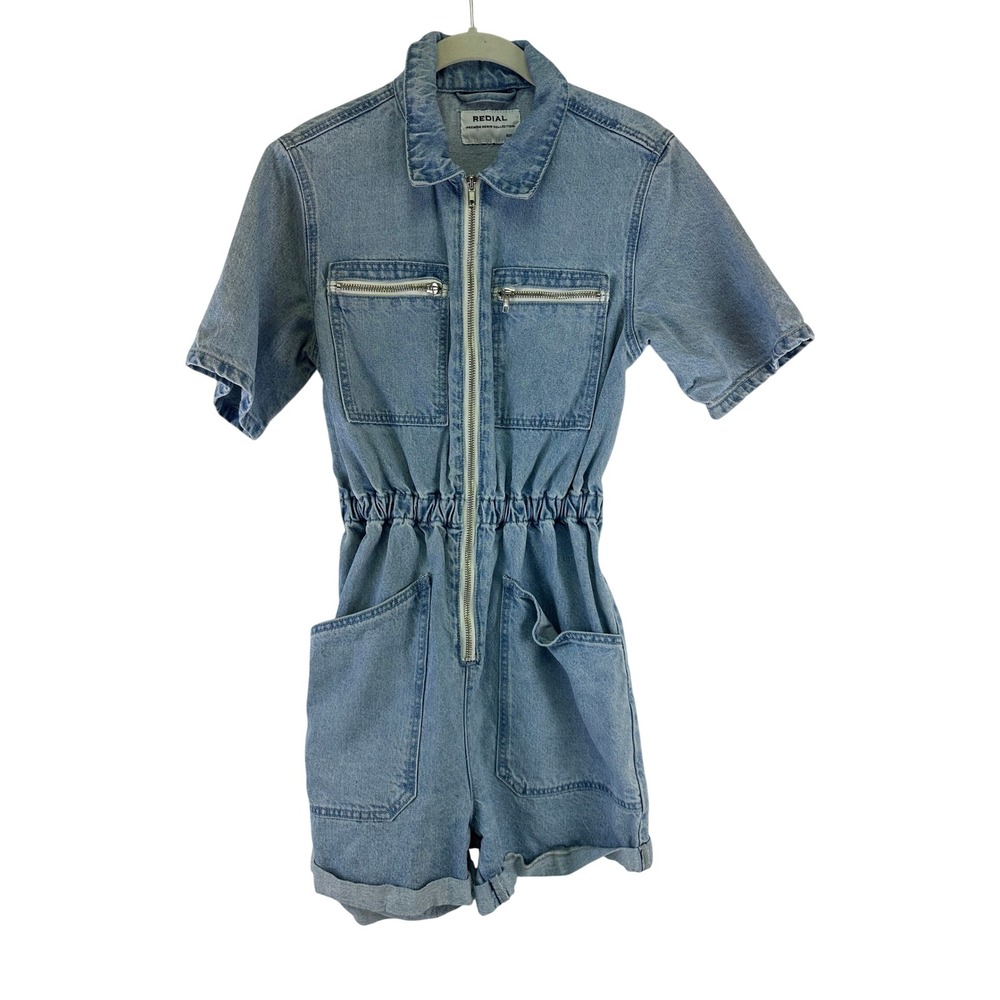 Redial Romper Light Wash Denim Utility Short Sleeve Zip Front RD1189 Medium